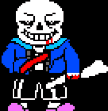 a pixel art of a skeleton with a bloody mouth holding a knife