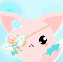 a pink cat with a flower on its head holds a wand