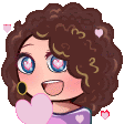 a cartoon girl with curly hair and blue eyes is holding a pink heart .