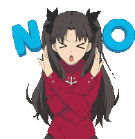 a girl in a red sweater is making a no sign with her hands crossed