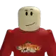 a close up of a roblox character wearing a red shirt with a face on it .