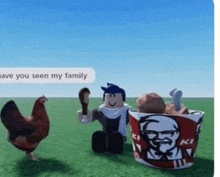 a chicken is standing next to a kfc bucket with a man in it .