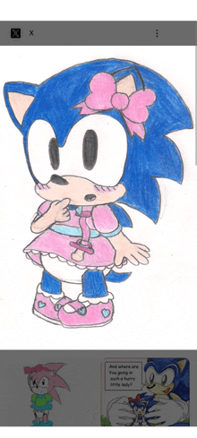 a drawing of a baby sonic wearing a pink dress and diaper