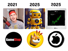 a picture of a man with a headband next to a picture of a robot and a game stop logo