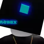 a person with a black box on their head that says roblox .