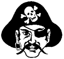 a black and white drawing of a pirate with a skull and crossbones