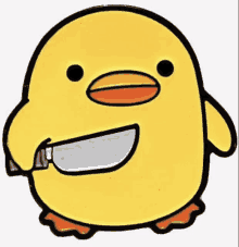 a cartoon duck is holding a knife in its beak