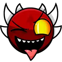 a cartoon drawing of a red ball with horns and a yellow eye sticking its tongue out