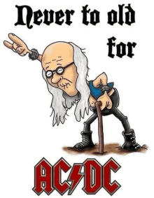 a cartoon of an elderly man with a cane standing next to a logo for ac dc .