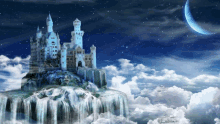 a castle in the clouds with a waterfall and a crescent moon