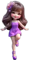 a doll wearing a purple dress and purple shoes with flowers in her hair