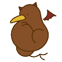 a cartoon drawing of a brown bird with red wings and horns