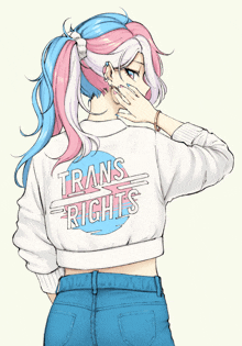 a girl with pink and white hair is wearing a white shirt that says trans rights