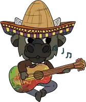 a cartoon drawing of a cow wearing a sombrero and playing a guitar