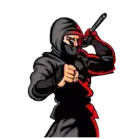 a ninja in a black and red outfit is holding a sword and pointing at the camera .