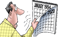 a cartoon man is looking at a calendar that says january 1984