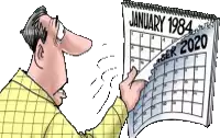 a cartoon man is looking at a calendar that says january 1984