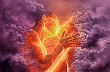 a man and a woman are kissing in a painting with fire coming out of their faces .