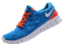 a pair of blue nike shoes with orange laces on a white background