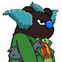 a cartoon character with a blue nose and a green jacket