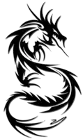 a black and white drawing of a tribal dragon with a long tail on a white background .