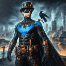 a man in a steampunk costume with a crow sitting on his shoulder