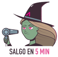 a witch holding a hair dryer with the words salgo en 5 min below her