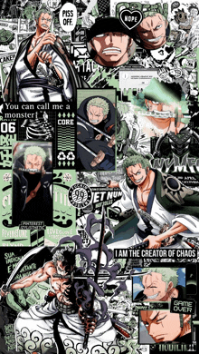 a collage of roronoa zoro from one piece with a sword