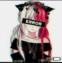 a girl with red and white hair is wearing a black shirt and a necklace and has the word error written on her face .