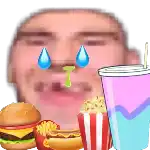 a man is crying with a hamburger , hot dog , popcorn and a drink .