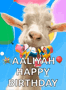 a goat with balloons in its mouth and the words aaliyah happy birthday