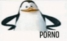 a penguin from spongebob squarepants is standing in front of a white background with the word porno on it .