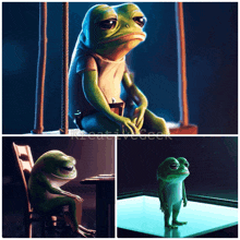 a frog sitting on a chair and a frog standing on a table