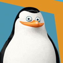 a close up of a penguin with a big orange beak