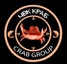 a logo for crab group with a crab wearing a hat