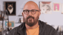 a bald man with a beard and glasses is standing in front of a wall with pictures on it .