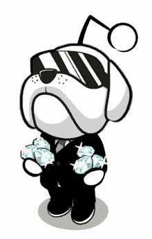 a cartoon dog wearing a suit and tie is holding a bunch of diamonds