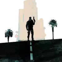 a silhouette of a man holding a gun with palm trees in the foreground