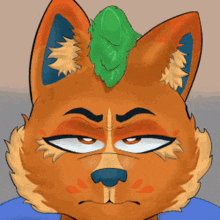 a close up of a cartoon fox 's face with a green leaf on its head