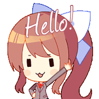 a cartoon of a girl saying hello with a bow in her hair