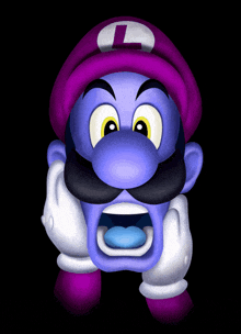 a cartoon character with a purple hat and a white letter l on his hat