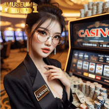 a woman wearing glasses and a name tag that says casino on it