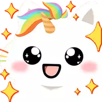 a cartoon unicorn with a rainbow mane and horn is smiling