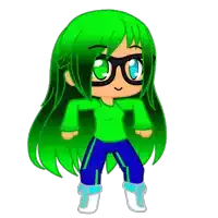 a cartoon girl with green hair and glasses is wearing a green shirt and blue pants