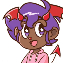 a cartoon character with purple hair and red horns has a pink hoodie on