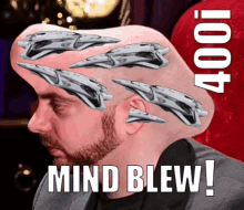 a man with a beard has a picture of a space ship on his head and the words mind blew