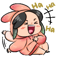 a cartoon drawing of a girl in a bunny costume laughing with ha ha ha written next to her