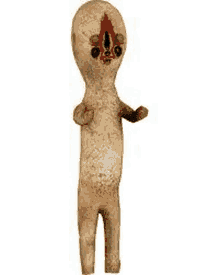 a stuffed animal with a bloody face is standing on a white background and looking at the camera .