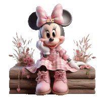 minnie mouse is sitting on a log with a bow and the letters ac on her head