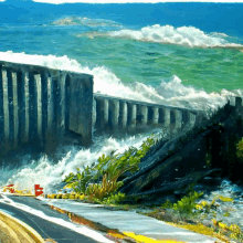 a painting of waves crashing against a pier with a red arrow pointing to the left